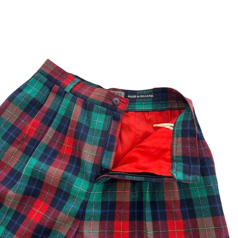 Signature Expressions Women 14 Red Green Plaid Wool Blend Culotte Pleated Shorts